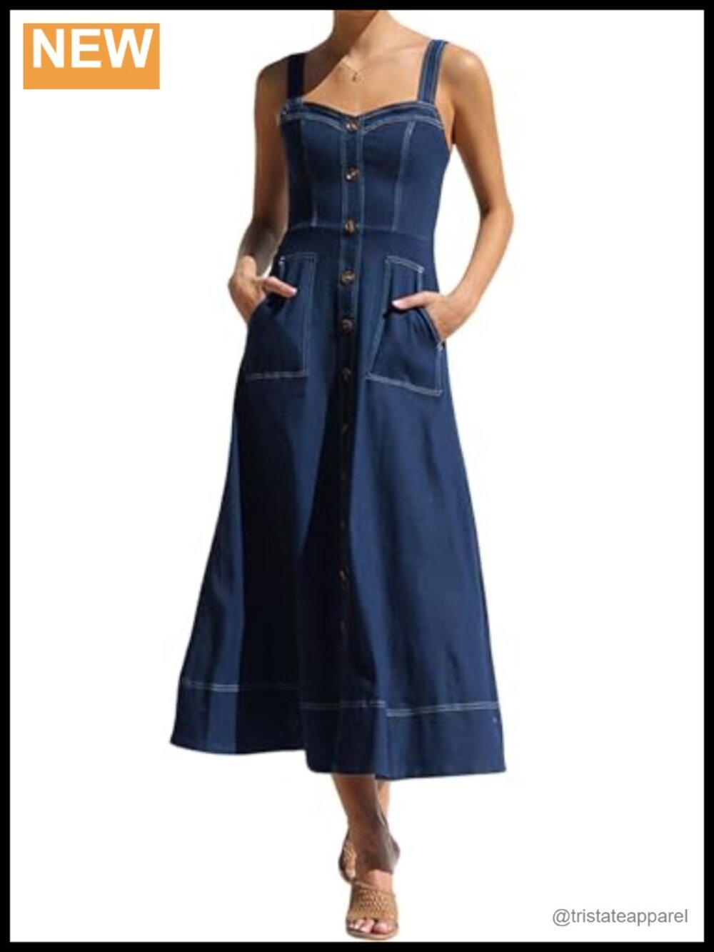 Women's Denim Midi Dress Button Down A-Line Swing Adjustable Strap Cotton Blend